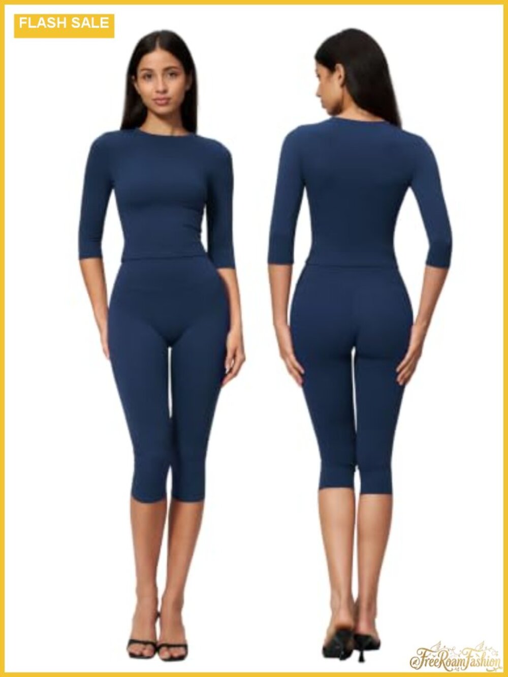 Womens Workout Set 3/4 Sleeve Crop Top Wide Leg Capri Pants Gym Yoga